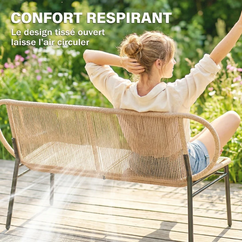 Outsunny Bancă de grădină 2 locuri, banc exterior din rășină împletită cu cadru metalic, rezistent la intemperii, natural