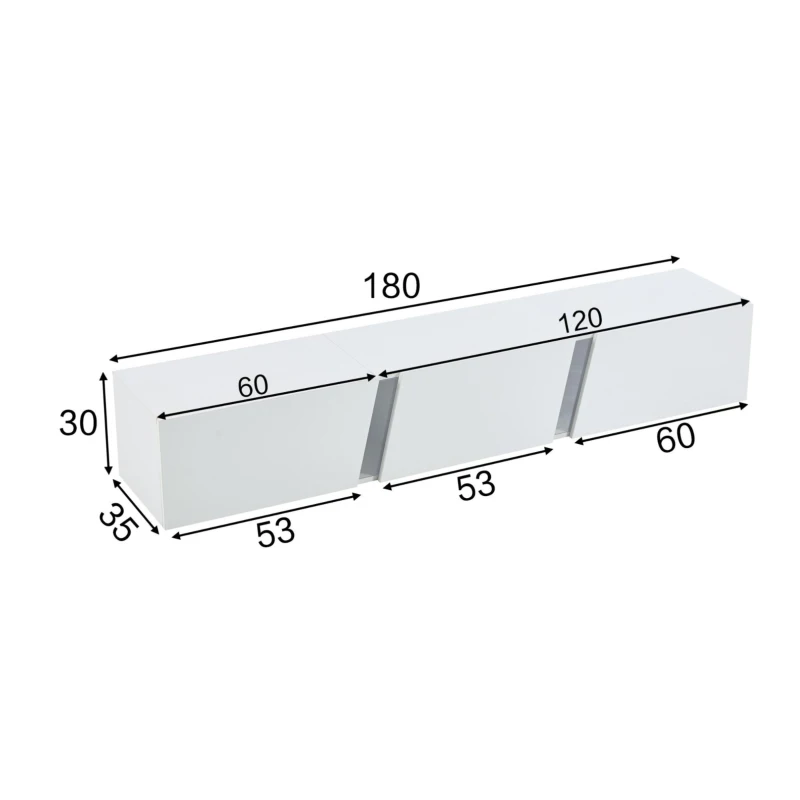 Mobile TV montato a parete con striscia LED, design sospeso, 180x35x30 cm, Bianco
