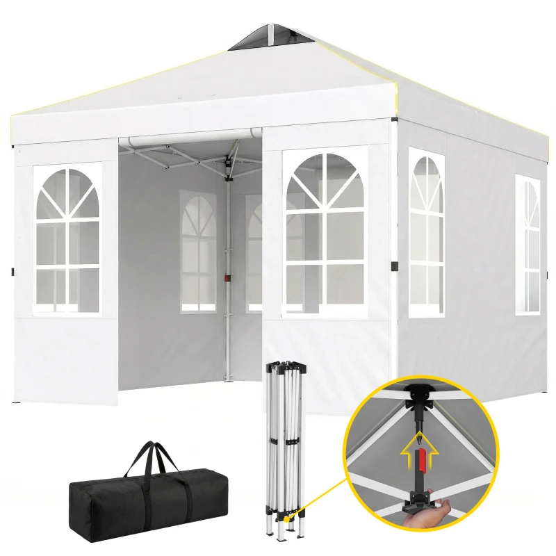 Outsunny Tenda Dobrável 3x3 m Pop-up com UPF 50+, 4 Laterais Removíveis, Altura Ajustável e Bolsa de Transporte, Branco