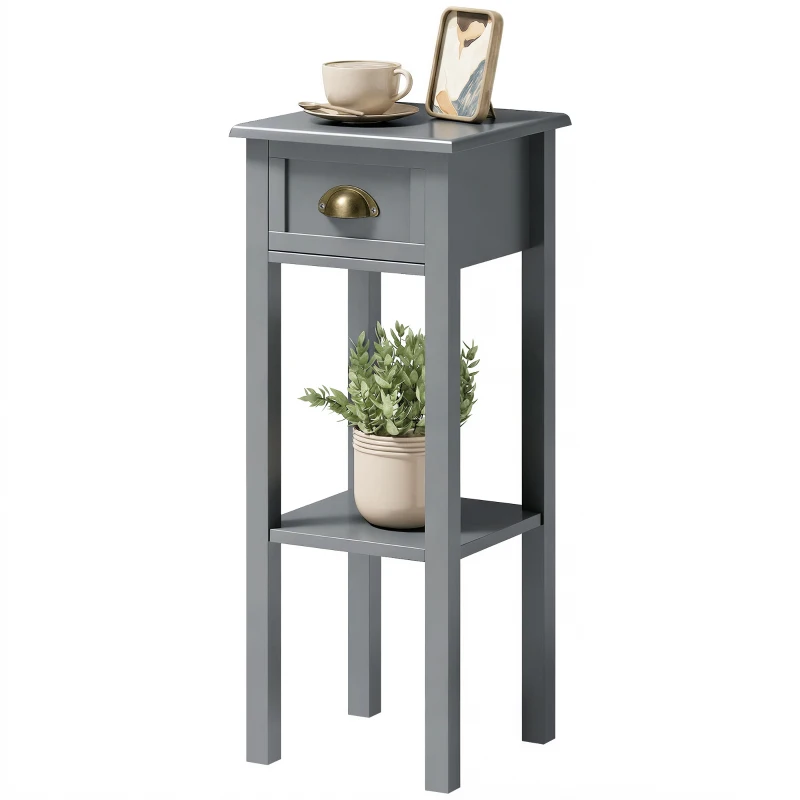HOMCOM Mesa Auxiliar Estilo Moderno Mesita Auxiliar con Cajón y Estante de Almacenamiento 30x30x75 cm Gris