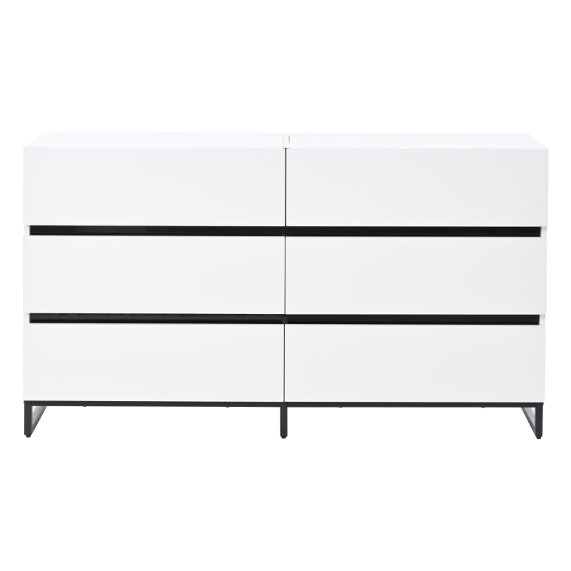 Madia per soggiorno con 6 cassetti, 3 gambe metalliche robuste, 140x39,5x78,5 cm, Bianco+Nero