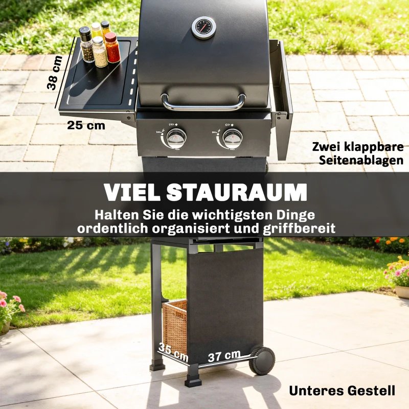 Outsunny Gasgrill 5,4 KW 2 Brenner Stahl BBQ Grillwagen inkl klappbar Seitentisch Thermometer verchromter Grillrost Warmhalterost