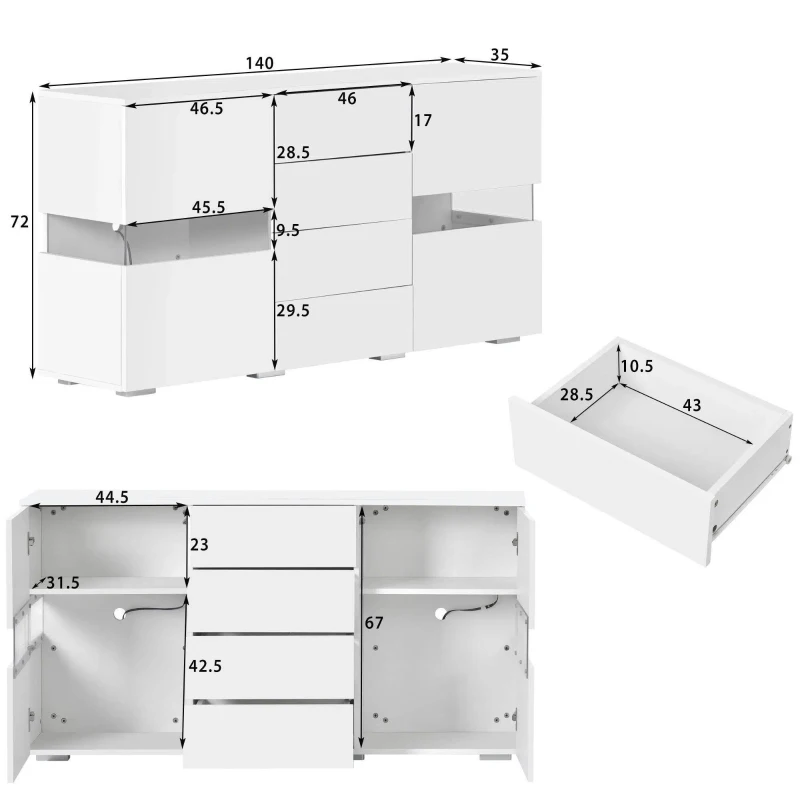 Madia lucida, 2 ante in acrilico e 4 cassetti, 145x35x72 cm, Bianco