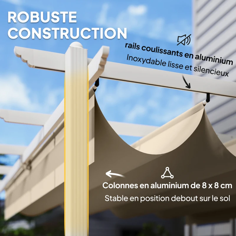 Outsunny Pergola Tonnelle de Jardin Toit Rétractable avec Toile Coulissante Magnétique et Trous de Drainage 390x297x227cm Beige