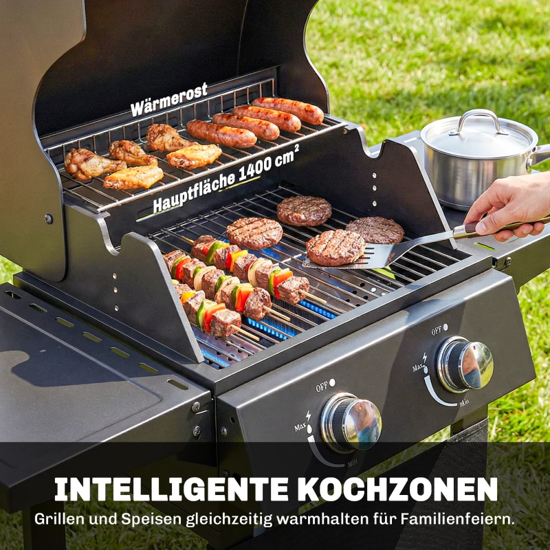 Outsunny Gasgrill 5,4 KW 2 Brenner Stahl BBQ Grillwagen inkl klappbar Seitentisch Thermometer verchromter Grillrost Warmhalterost