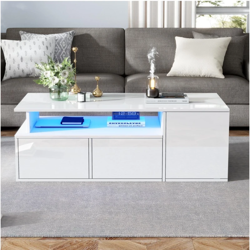 Tavolino da salotto a LED con 2 cassetti e ripiani semiaperti, 100x50x35 cm, Bianco