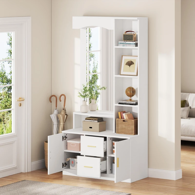 Mobile da ingresso multiuso con specchio e scarpiera, 2 cassetti e 2 ante, 90x40x180 cm, Bianco