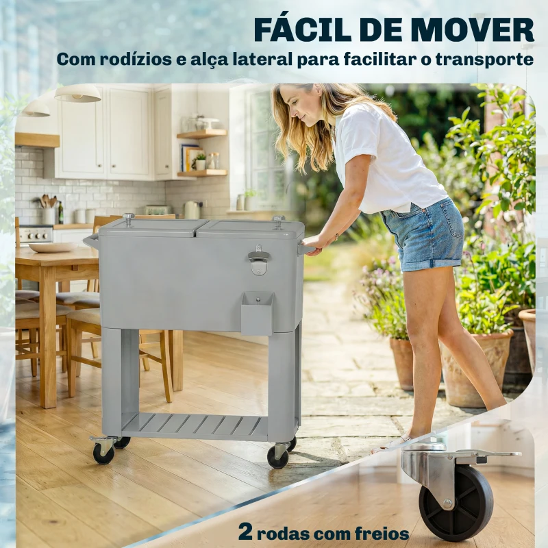 Outsunny Carrinho Refrigerador de 76L com Rodas Prateleira Abre-Garrafas Coletor de Tampas Dreno e 2 Alças para Pátio Festa 92x39x81 cm Prata