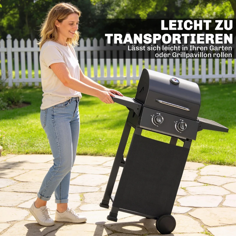 Outsunny Gasgrill 5,4 KW 2 Brenner Stahl BBQ Grillwagen inkl klappbar Seitentisch Thermometer verchromter Grillrost Warmhalterost