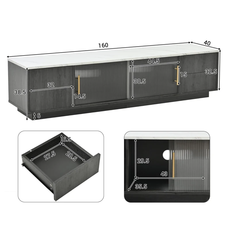 Mobile TV basso a 4 cassetti effetto marmo, 160x40x38.5 cm, Grigio