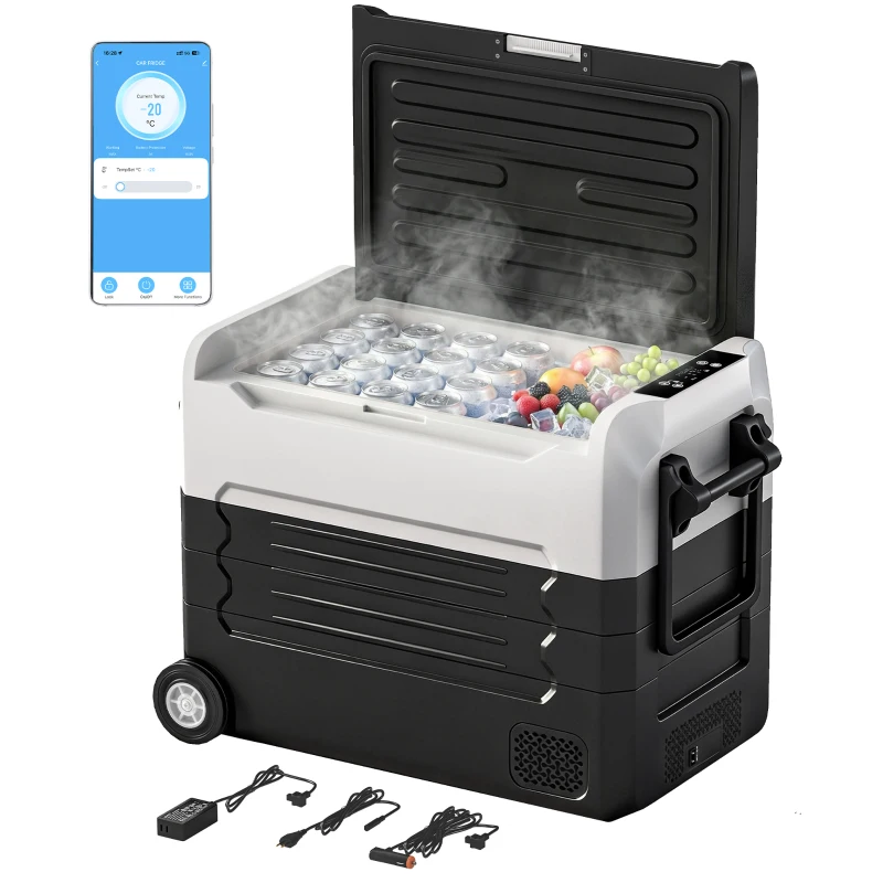 Outsunny Caixa Frigorífica com Compressor 50 L -20℃-20℃ Caixa Frigorífica Elétrica com Controlo de Temperatura de Dupla Zona APP LED Proteção de Bateria Pega Dobrável