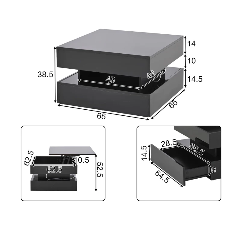 Tavolino da salotto regolabile in altezza a LED, 2 cassetti e spazio portaoggetti, 65x65x38.5 cm, Nero