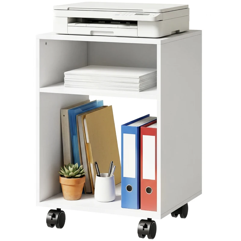 HOMCOM Mobile Porta Stampante in Legno con Ruote a Freno e 2 Scomparti Aperti, 40x35x55 cm, Bianco