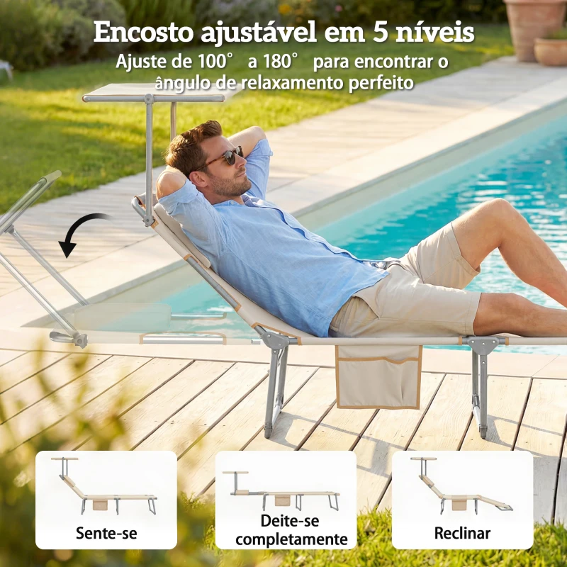 Outsunny Conjunto de 2 Espreguiçadeiras Dobráveis com Dossel 360° Encosto 5 Posições Orifício Facial e Textilene 550 g/m² 188x56x27 cm Bege