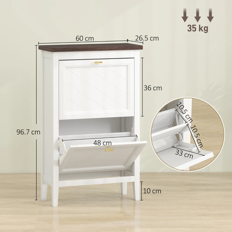 HOMCOM Shoe Cabinet with 2 Flip Drawers, Farmhouse Narrow Shoe Storage Cabinet with Adjustable Shelves, White