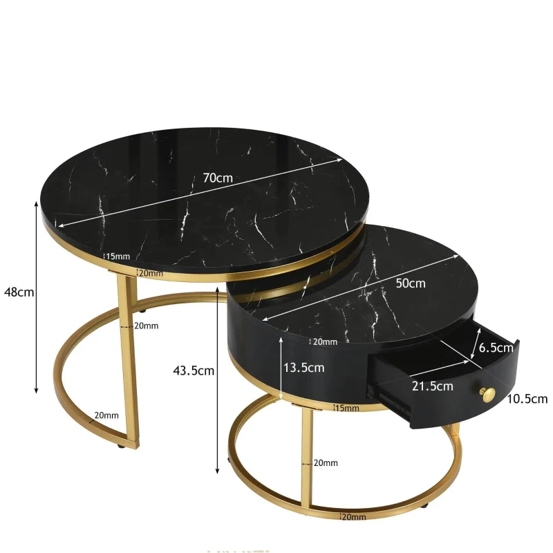 Set 2 tavolini moderni annidati in metallo effetto oro, 70x70x48 cm/50x50x43.5 cm, Nero