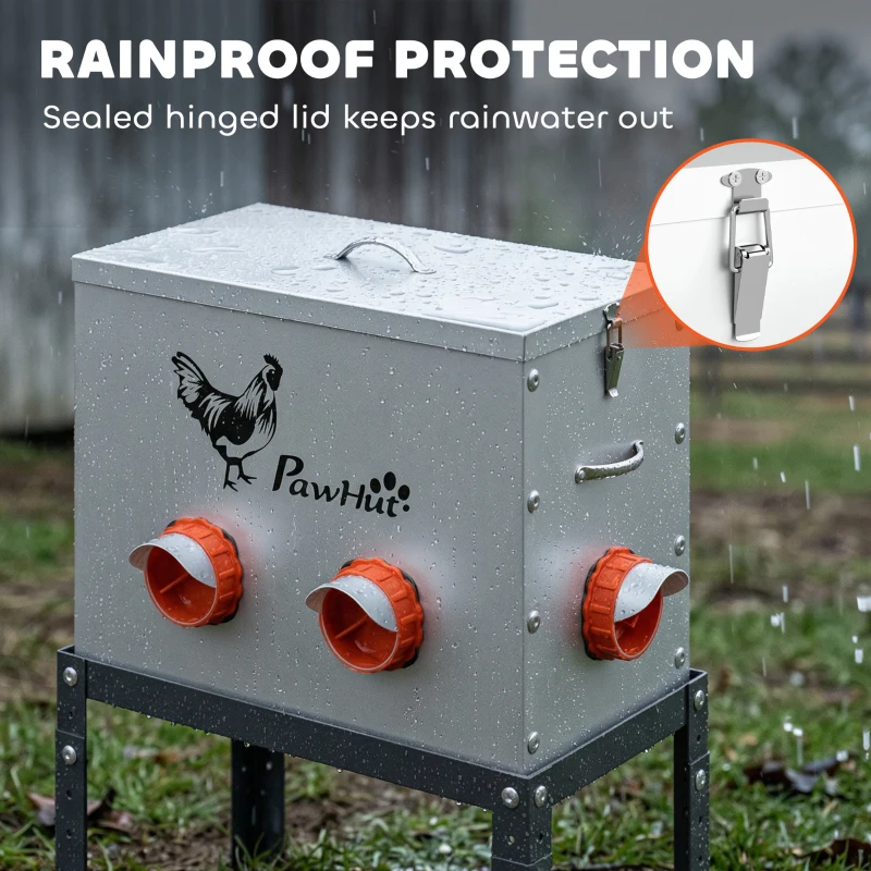 PawHut Futterautomat Hühner 18 kg Füllmenge mit abschließbarer Deckel verstellbarer Beine 6 Öffnungen 42,3x25x55,3 cm Silber