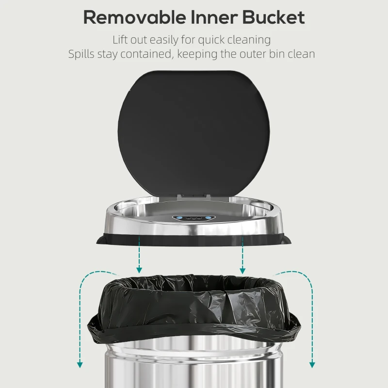 HOMCOM 42L Stainless Steel Sensor Bin - Silver Tone