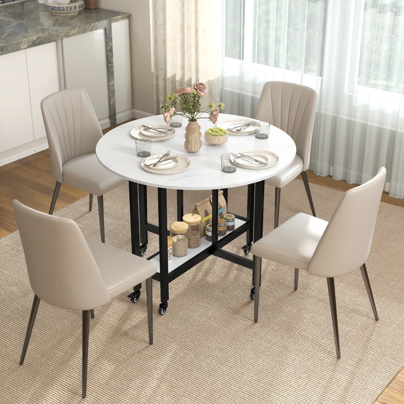 HOMCOM Folding Dining Table, Drop Leaf Table with Open Shelf, Rolling Kitchen Table for Dining Room, Small Spaces, White Marble