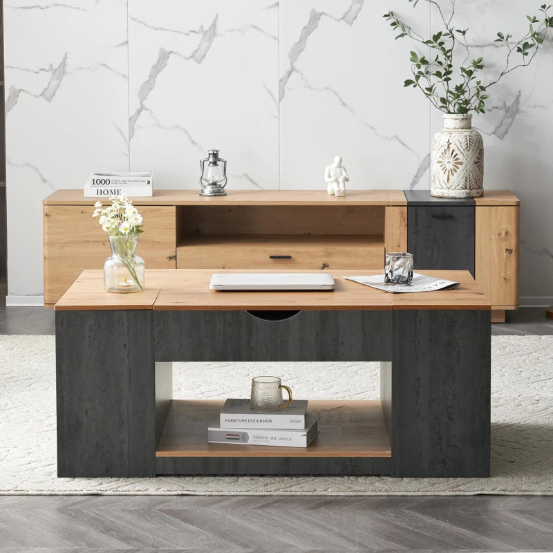 Tavolino da salotto regolabile in altezza con spazio a scomparsa, 109.5x59.7x43 cm, Grigio e Marrone