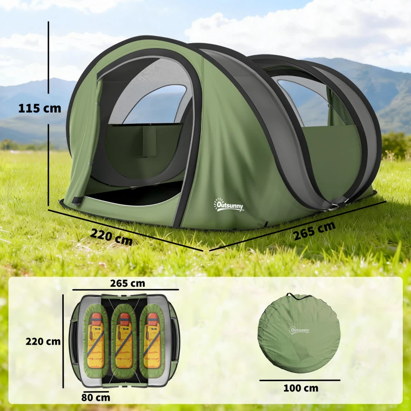 Outsunny Tente de camping Pop-Up 4-5 personnes, 2 portes, 2 fenêtres, imperméable, vert