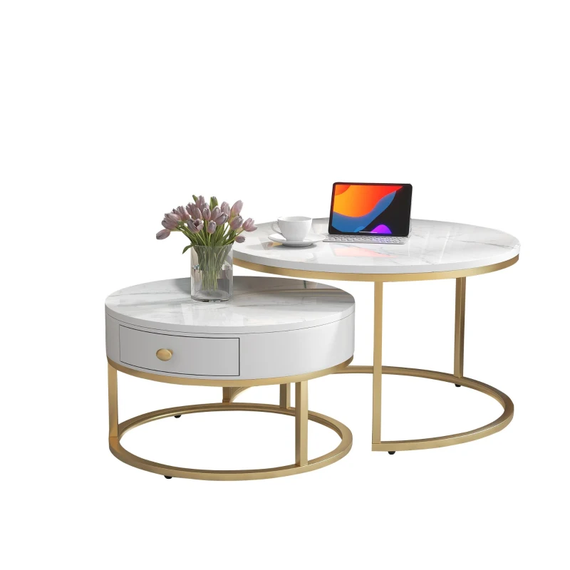 Set 2 tavolini moderni annidati in metallo effetto oro, 70x70x48 cm/50x50x43.5 cm, Bianco