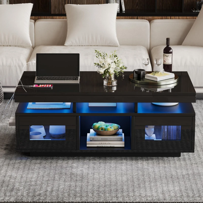 Tavolino da salotto a LED RGB con spazio portaoggetti aperto e chiuso, 100x50x43 cm, Nero