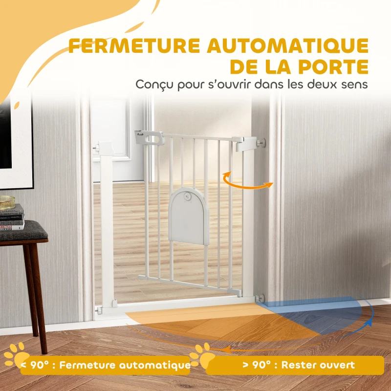 PawHut Barrière de sécurité animaux avec porte fermeture automatique système de double verrouillage, acier blanc
