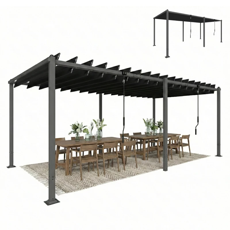 Outsunny Pergola Gartenlaube mit verstellbarem Lamellendach 0-90° Große Kapazität 11 Personen UV50+ 572x298x220cm Grau