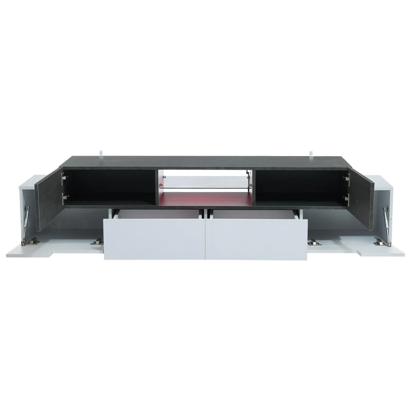 Mobile TV basso LED con illuminazione RGB, effetto marmo e ripiani in vetro, 180x40x45 cm, Grigio e Bianco
