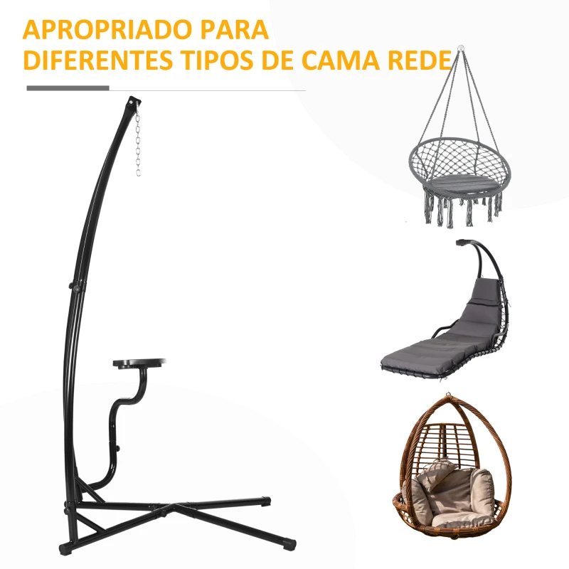 Outsunny Suporte para cadeira suspensa Suporte giratório de 190 cm com mesa lateral carga máx.120kg Estrutura metálica para jardim de pátio Preto