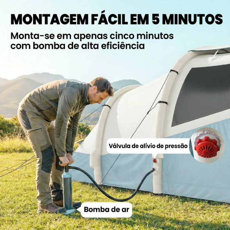 Outsunny Tenda de Campismo Insuflável 2-3 Pessoas com Bomba Quarto e Área de Estar Impermeável 3000 mm Montagem Rápida Azul Claro