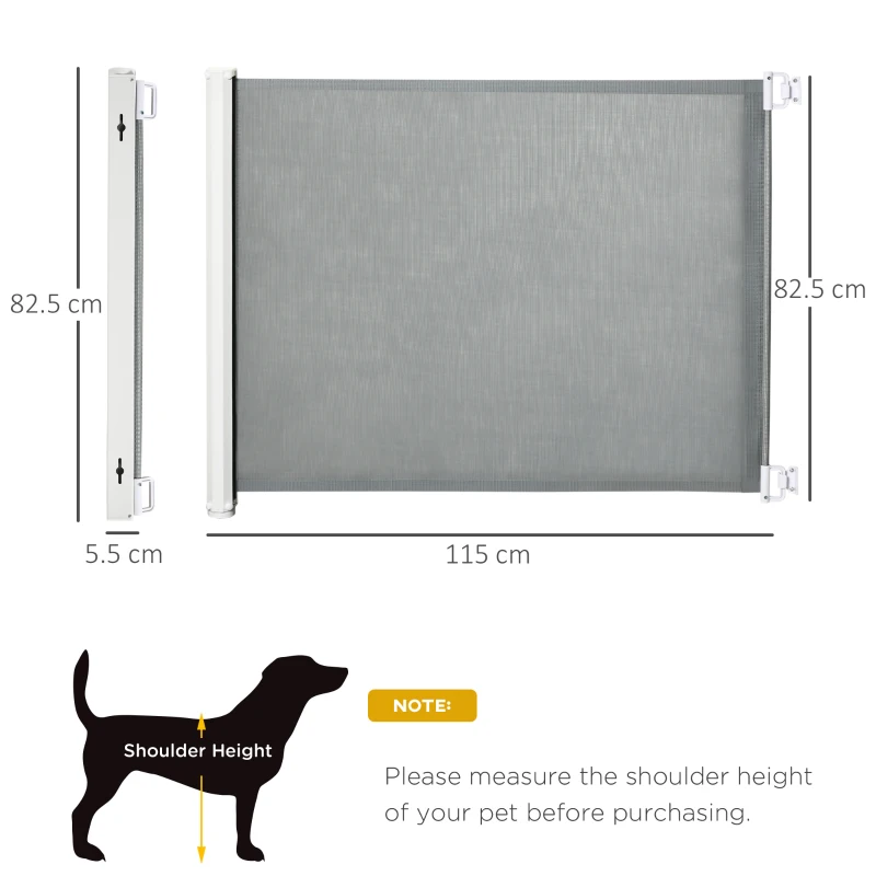 PawHut Retractable Dog Gate for Stairs, Safety Pet Barrier for Home Doorway, Room Divider 115L x 82.5Hcm, Grey