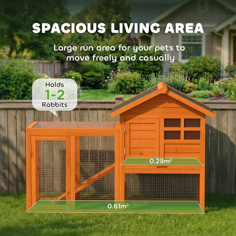 PawHut Konijnenhok 2-Lagen Houten Kooi met Waterdicht Asfaltdak, Ren, Loopplank en Deuren 123,5x62,6x92,5 cm Oranje