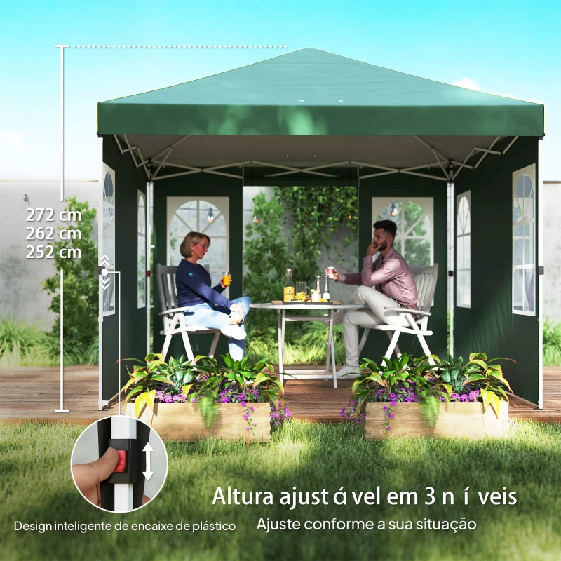 Outsunny Tenda Dobrável 3x3 m Pop-up com UPF50+ 4 Laterais Removíveis Altura Ajustável e Bolsa de Transporte Verde