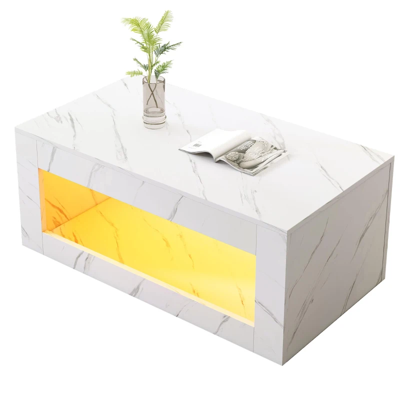 Tavolino moderno portaoggetti a LED effetto marmo, 100x50x50 cm, Bianco