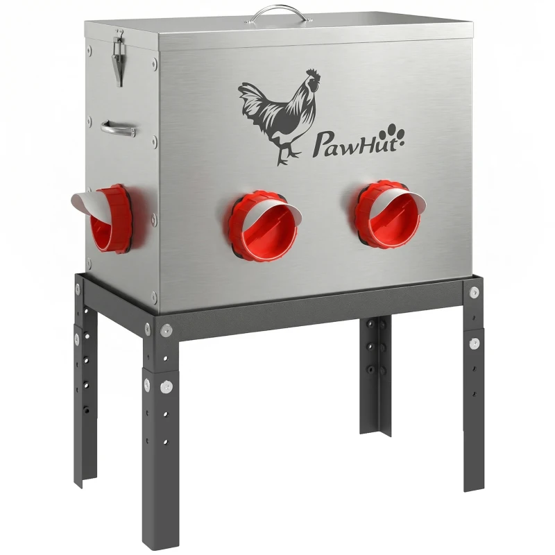 PawHut Futterautomat Hühner 18 kg Füllmenge mit abschließbarer Deckel verstellbarer Beine 6 Öffnungen 42,3x25x55,3 cm Silber
