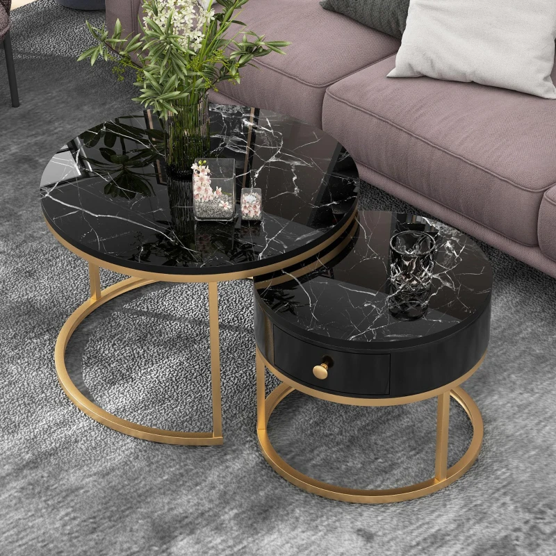 Set 2 tavolini moderni annidati in metallo effetto oro, 70x70x48 cm/50x50x43.5 cm, Nero