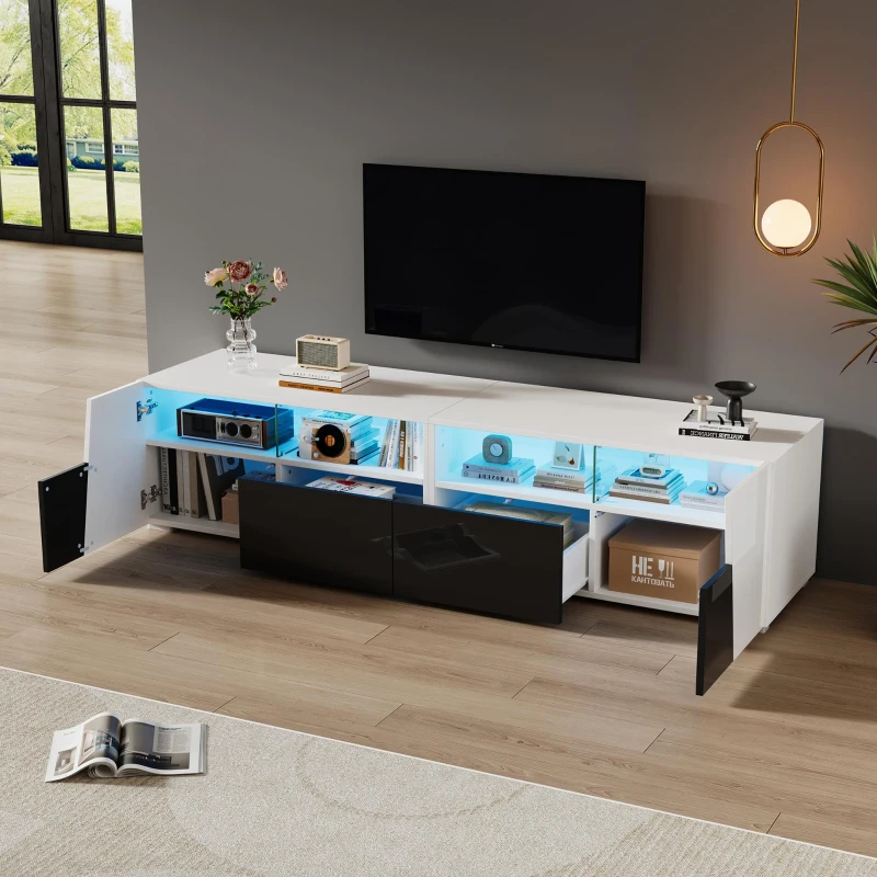 Mobile TV laccato lucido a LED, 180x38.5x45 cm, Bianco e Nero