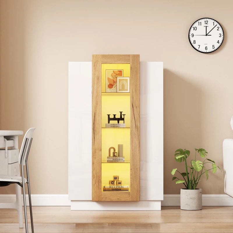 Vetrina per soggiorno a LED con frontale in acrilico trasparente, 74x40x120 cm, Bianco e Color legno