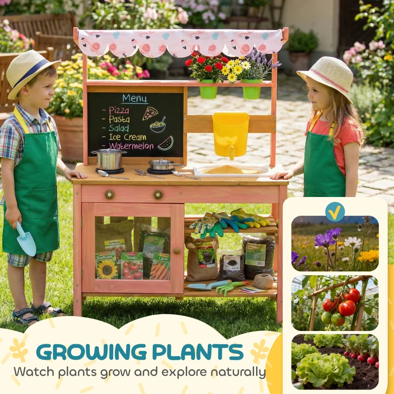 AIYAPLAY Kids Mud Kitchen with Canopy, Outdoor Wooden Play Kitchen with Planter Box, Accessories for Age 3-6, Pink