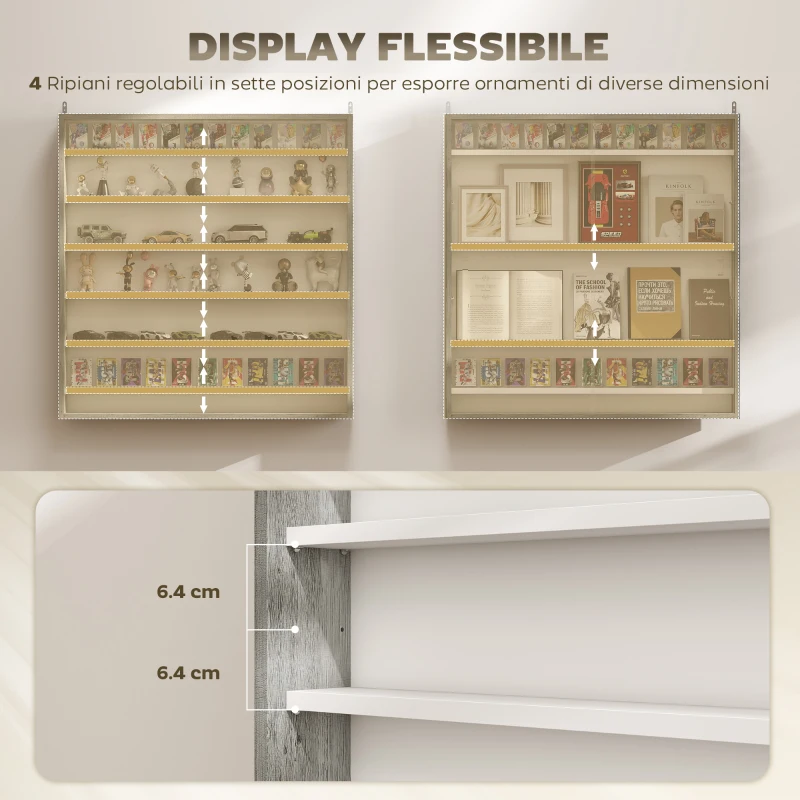 HOMCOM Bacheca Portaoggetti a 5 Ripiani Regolabili in Legno con Ante in Vetro, 80x9.5x83 cm, Bianco e Grigio