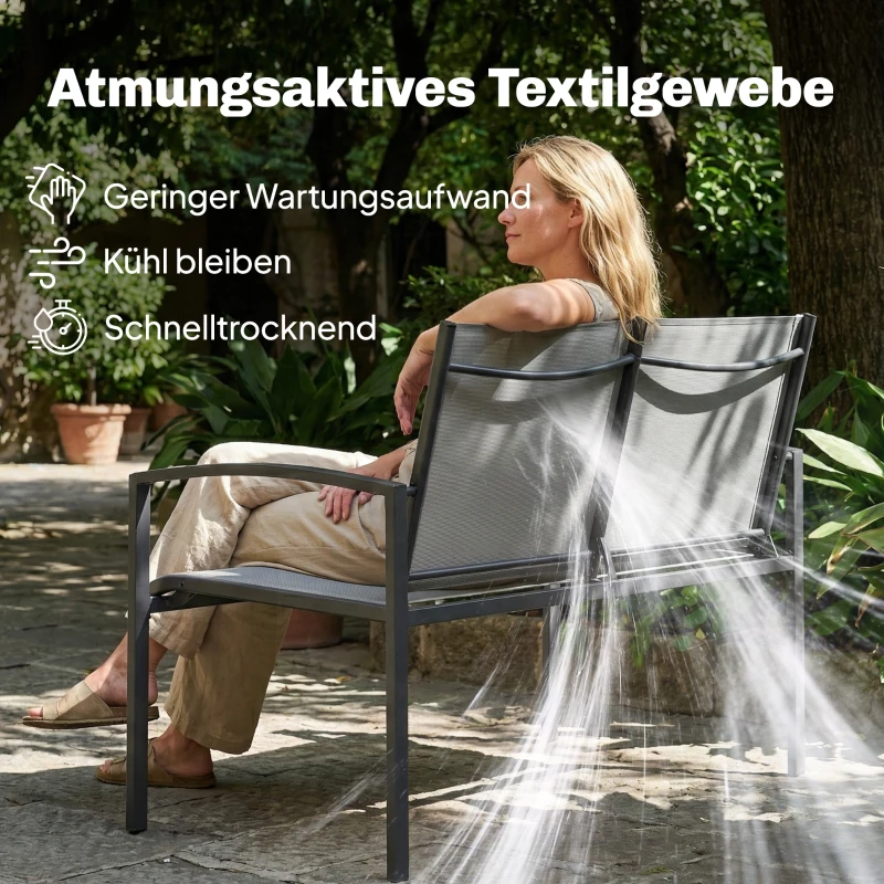 Outsunny Gartenbank 2-Sitzer wetterfest Metall Outdoor Sitzbank mit atmungsaktivem Sitz gebogen Armlehnen 112 x 66 x 80 cm Grau