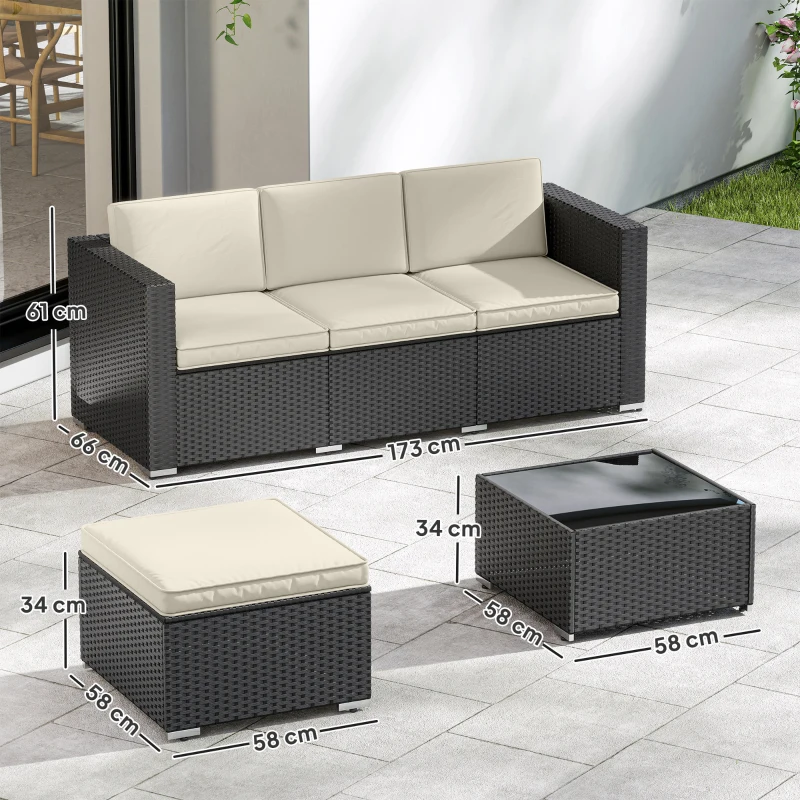 Outsunny Conjunto de Móveis de Vime de Jardim 3 Peças Sofá de 3 Lugares com Almofadas e Mesa de Centro com Bancada de Vidro Preto e Bege