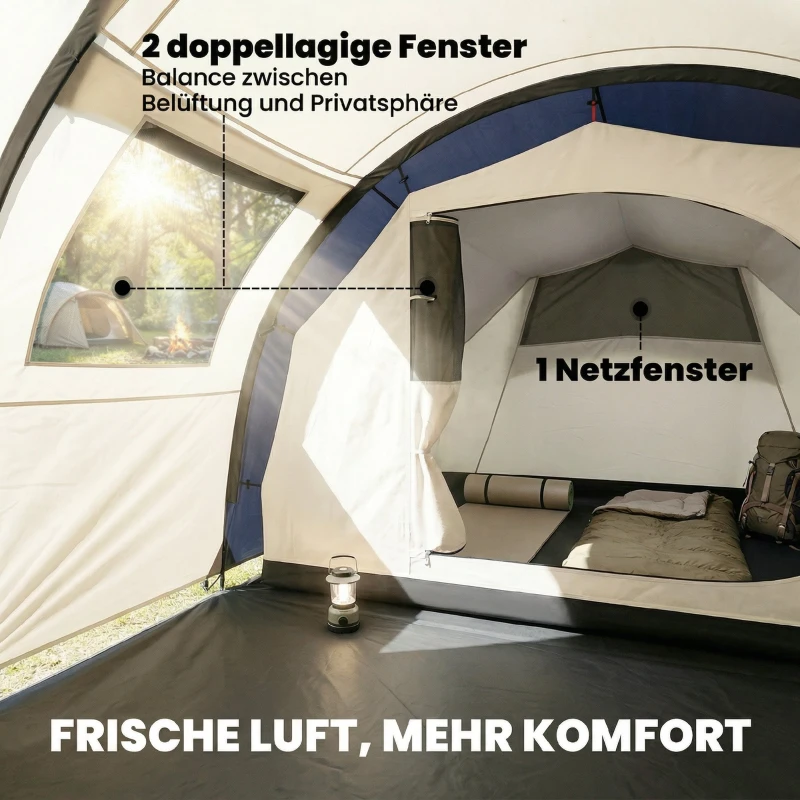 Outsunny Namiot tunelowy 4-osobowy, namiot rodzinny z sypialnią i salonem, okna, mata podłogowa, 3000 mm słupa wody