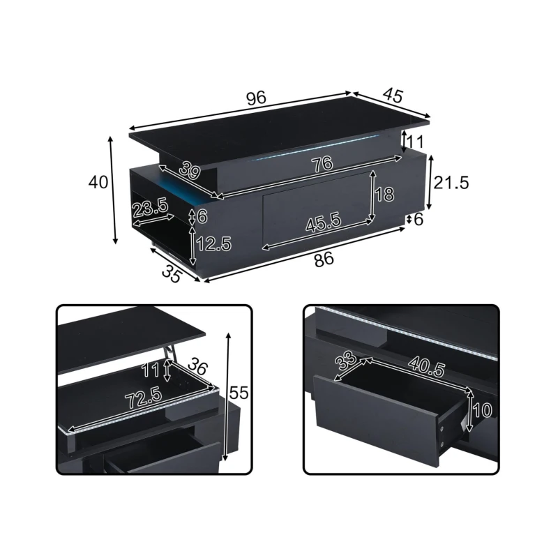 Tavolino da salotto regolabile in altezza con illuminazione LED, sollevamento idraulico e spazio a scomparsa, 96x45x40 cm, Nero