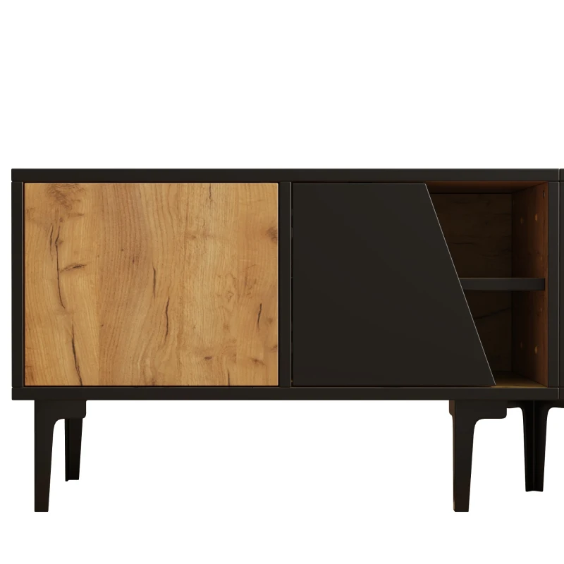 Mobile TV basso con 4 ripiani e 7 piedini, 160x36.5x45 cm, Color legno e Nero