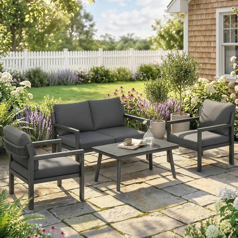 Outsunny 4 Seater Rattan Garden Furniture Set with 2 Armchairs, Loveseat, Coffee Table, Garden Sofa Set with Cushions, Dark Grey
