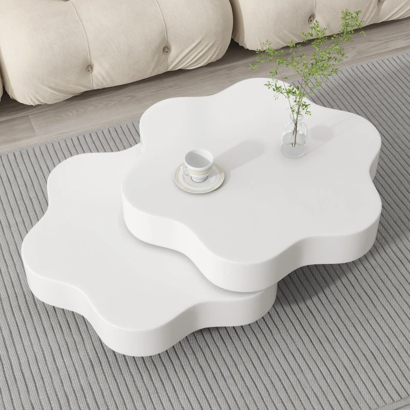 Tavolino da salotto a forma di fiore con piano girevole a 360° e 2 ripiani, 74.8x67.5x31 cm, Beige