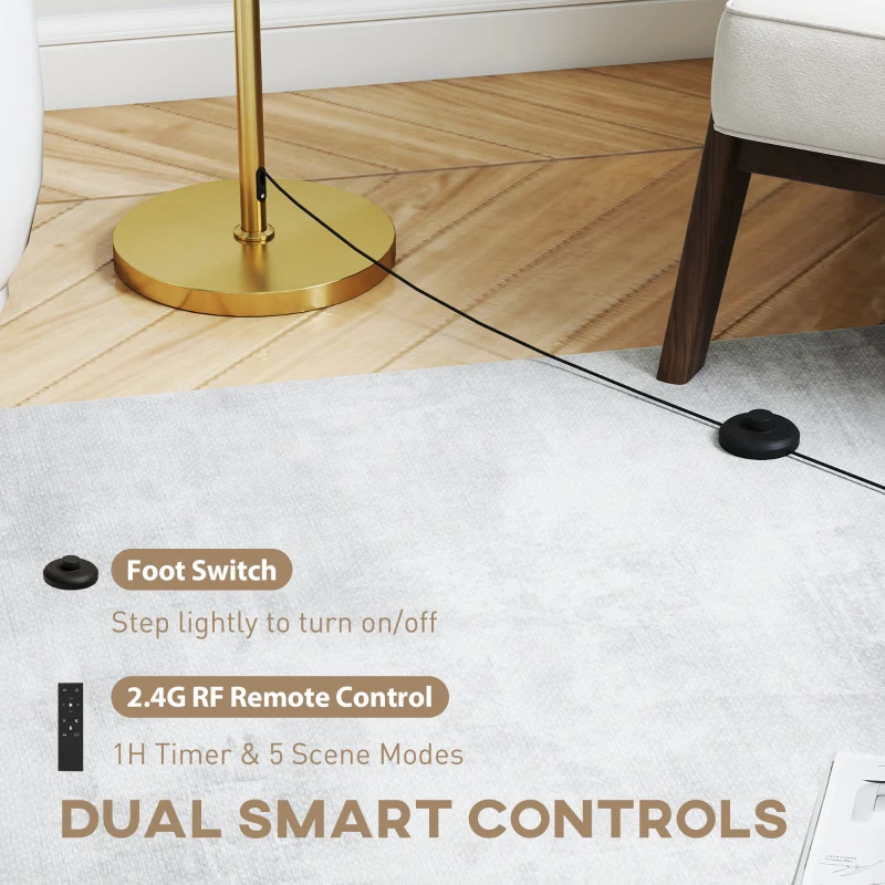 HOMCOM Floor Lamp with Remote, Height Adjustable Standing Lamp with Linen Shade, Dimmable with 3000K-6000K Adjustable Colour Temperatures, Foot Switch for Living Room Bedroom Office, Gold Tone